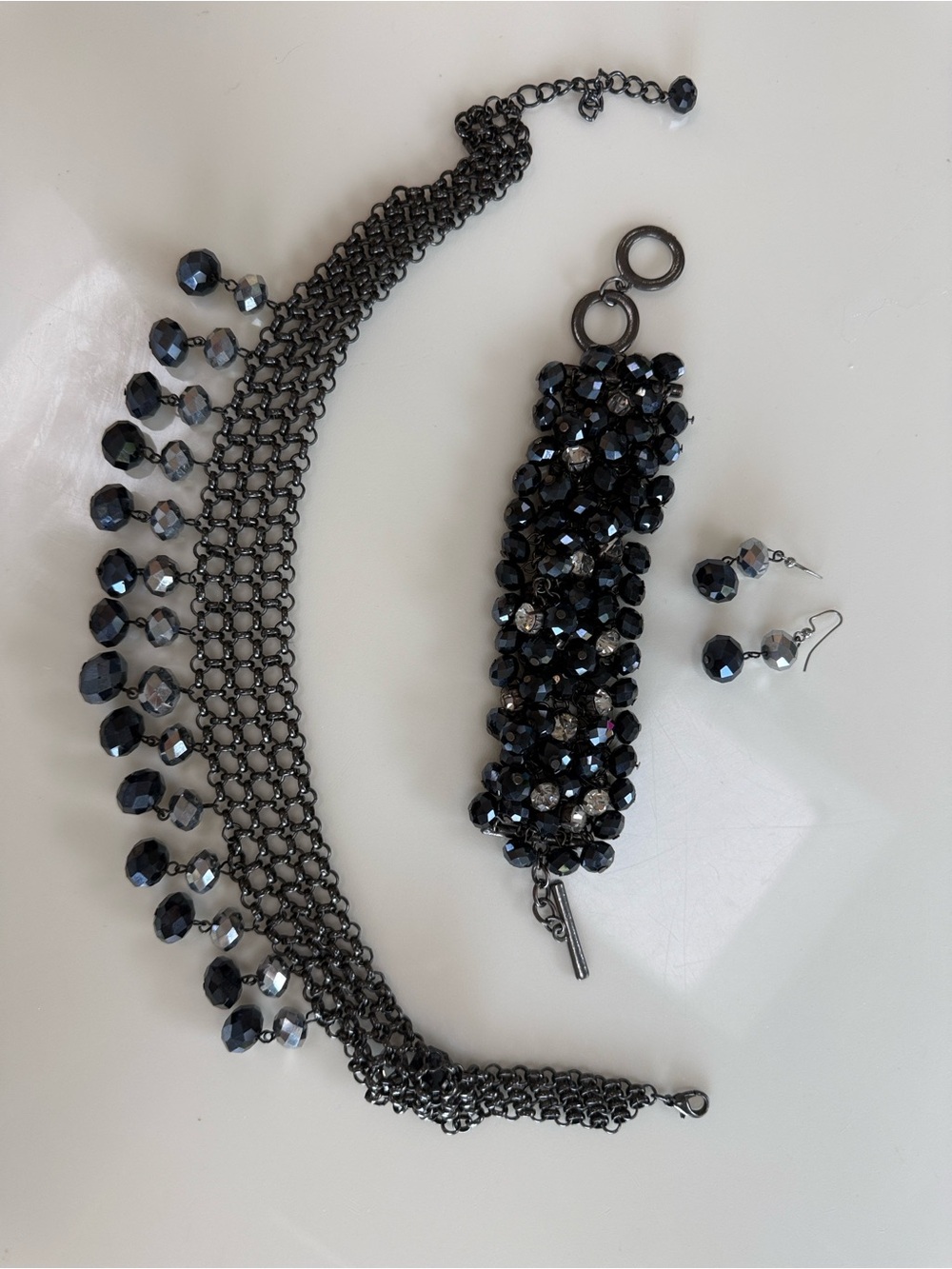 Gunmetal Crystal Necklace, Bracelet & Earrings Set - Women's Jewelry